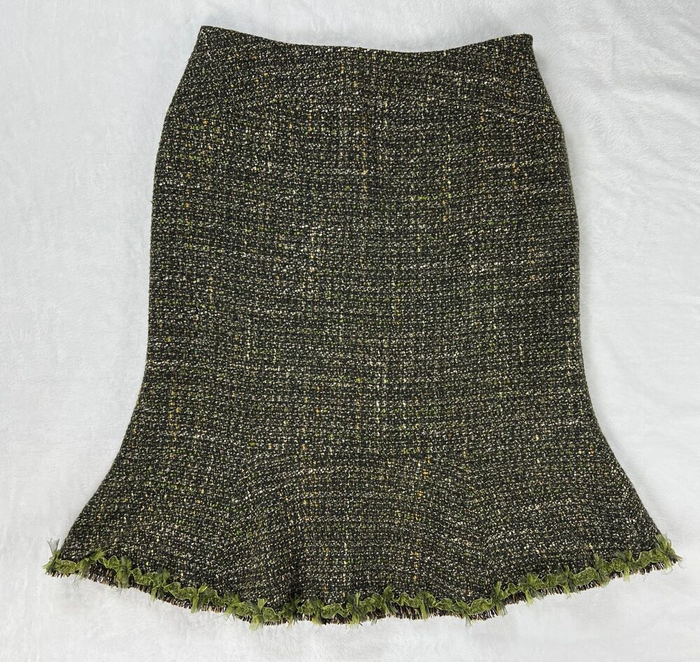 Albert Nipon Tweed Mermaid Skirt Women's Size 4 Green Boucle Fringe Ribbon Hem